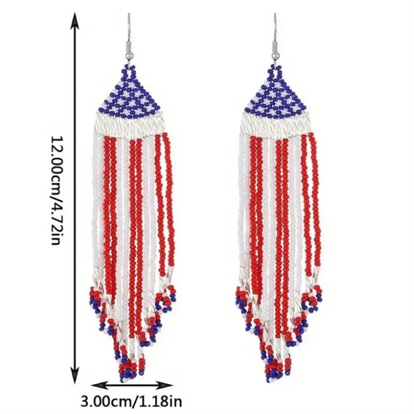 Long Red White & Blue Seed Bead Boho Tassel Earrings - Picture 3 of 3